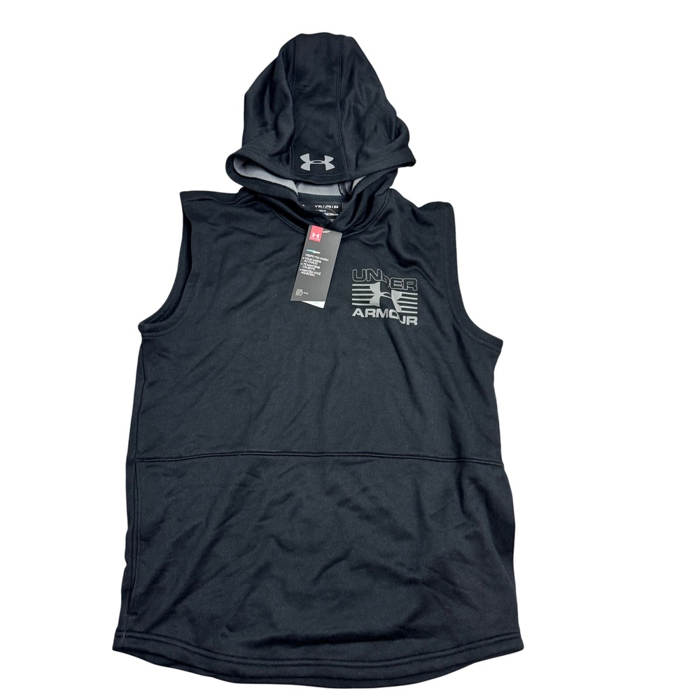 Under Armour Kids ColdGear Sleeveless Hoodie Black Silver Logo YXL NWT - Picture 1 of 5